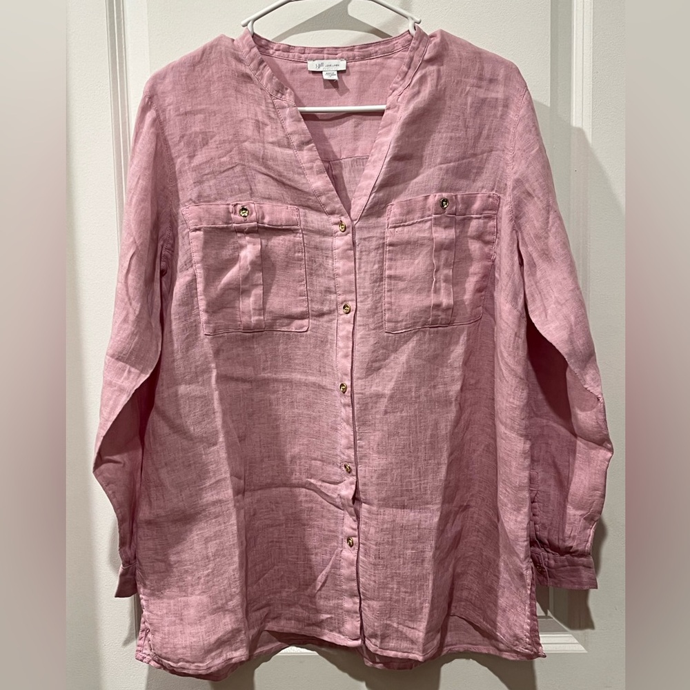 J.Jill Love Linen 100% linen heathered pink coastal beachy button up ~ M Petite